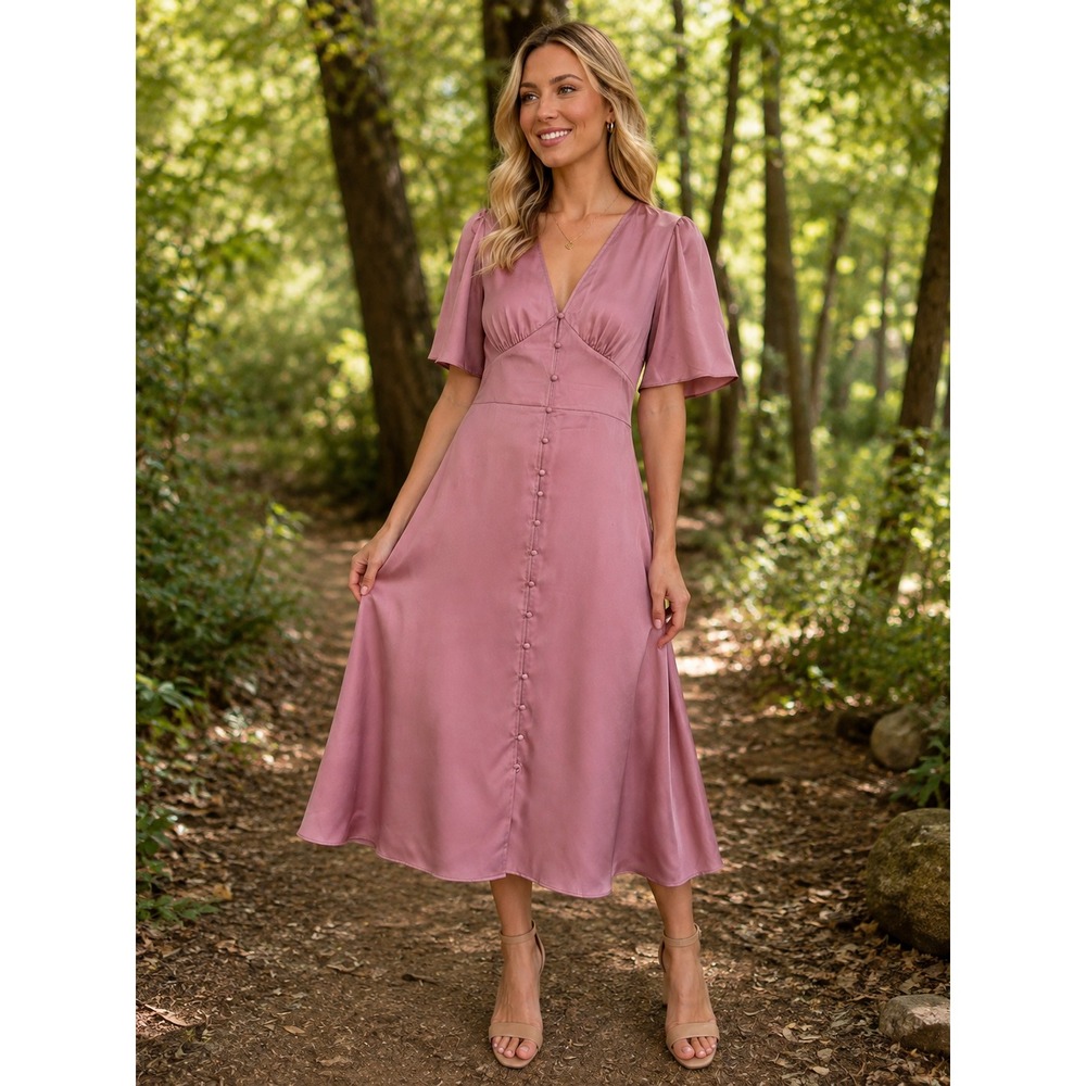 JJ's House L Dusty Rose Satin Midi Dress Flutter Sleeve Romantic Wedding Guest